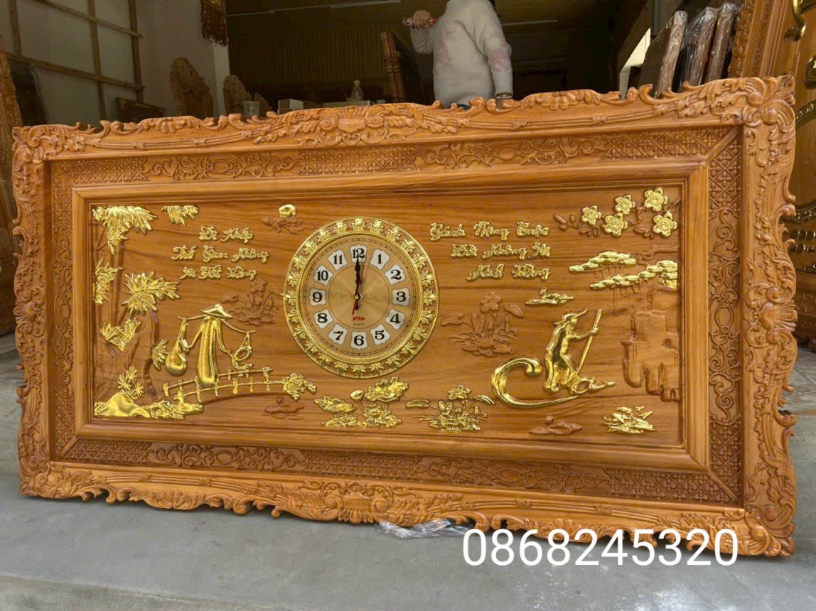 Tranh đồng hồ khắc chữ cha mẹ bằng gỗ gõ đỏ đep long lanh kt 67×127×4cm