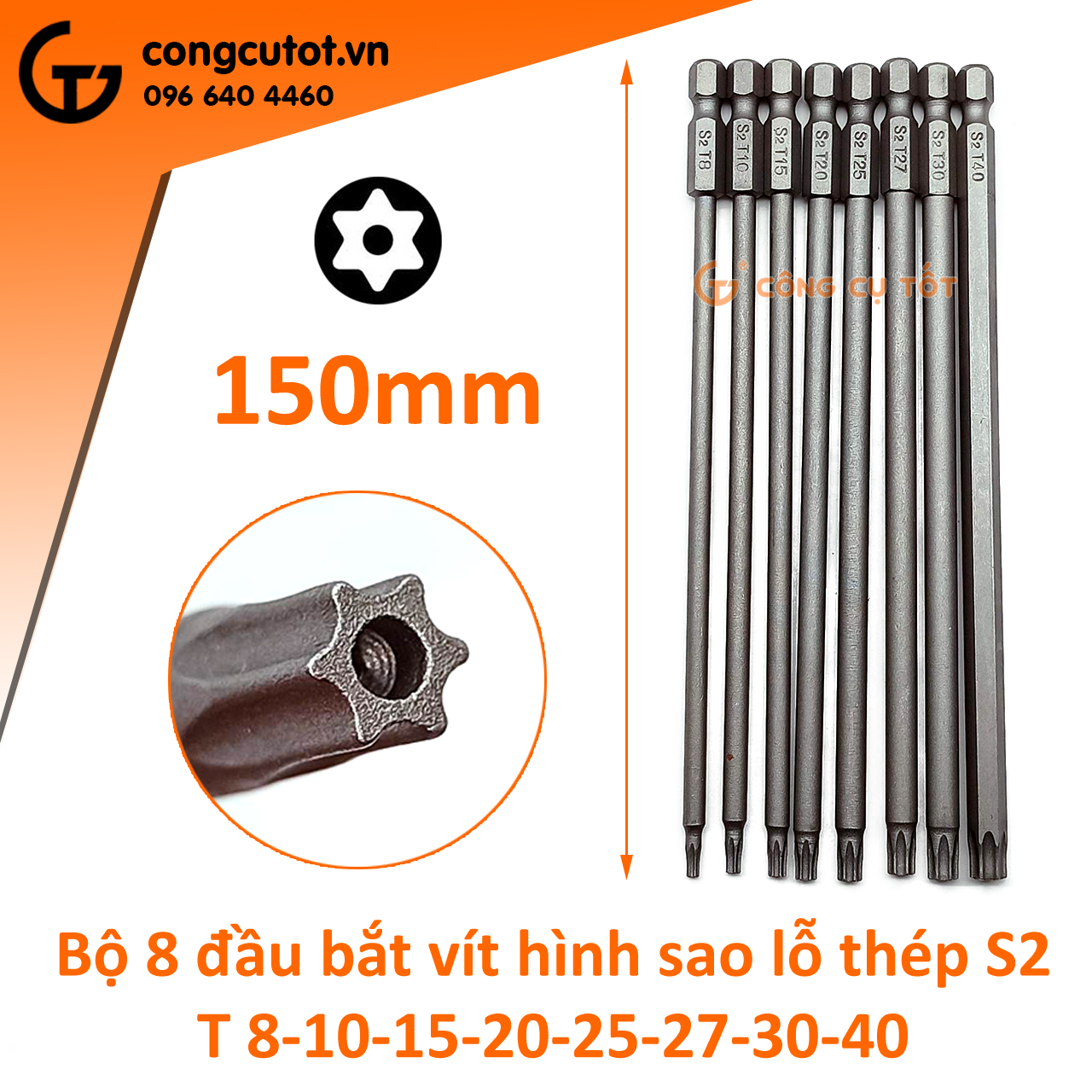 Bộ 8 đầu bắt vít hình sao lỗ 150mm các cỡ T8, T10, T15, T20, T25, T27, T30, T40