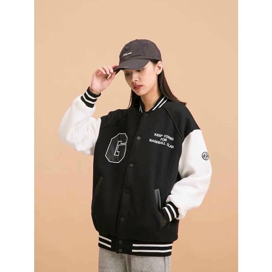 Áo Khoác Bomber Nam Nữ Logo In Chữ G Phối Tay Trắng Chất Nỉ PE Cao Cấp Không Xù Kiểu Dáng Hot Trending