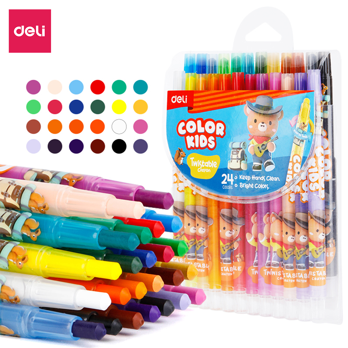 Bút Sáp Vặn Gấu Con Deli - 12/24 Màu Sáp Tươi Sáng Lên Màu Chuẩn An Toàn Cho Trẻ Nhỏ Học Sinh Tô Vẽ Tranh