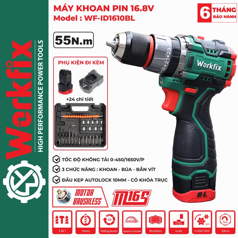 [ TẶNG phụ kiện 24 món] Máy Khoan 3 Chức Năng Workfix 16.8V - WF-ID1610BL - Động Cơ Từ Cao Cấp - 2 Pin 4 Cell  16.8V/2Ah