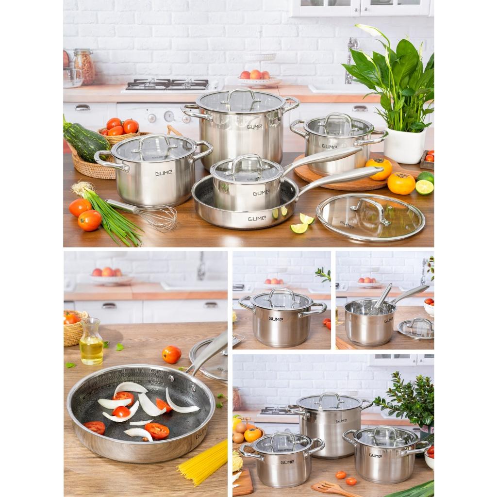 Bộ Nồi Chảo GUME, Chất Liệu Inox , Bộ Nồi 5 Đáy, Dẫn Nhiệt Tốt, Phù Hợp Với Mọi Loại Bếp, Nội Địa Hàn, BH 12 Tháng