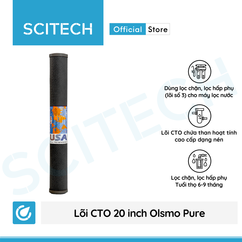 Lõi lọc nước số 3 CTO 20 inch Olsmo Pure by Scitech dùng trong máy lọc nước RO, bộ lọc thô - Hàng chính hãng