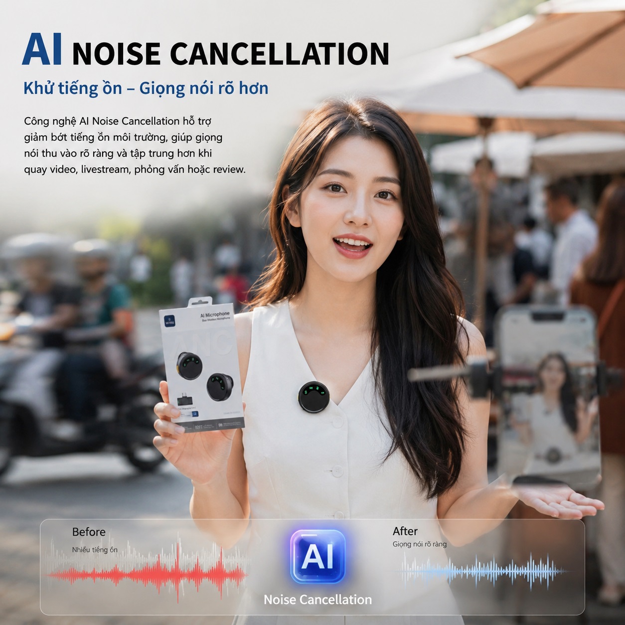 Micro thu âm không dây khử tiếng ồn AI ANC DUO WIWU Wi-WM010 – 2 MICRO THU ÂM 360° | KHỬ ỒN AI | TYPE-C cho iPhone Samsung - Hàng nhập khẩu