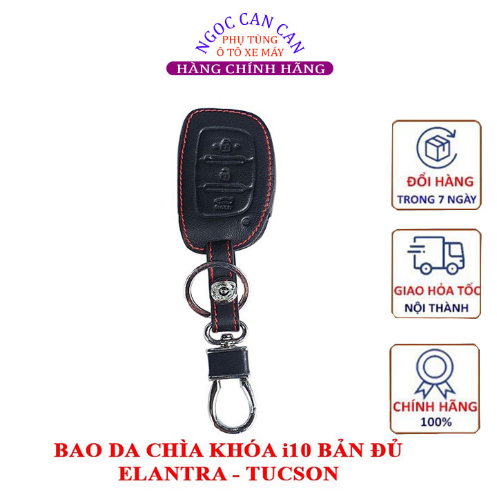 Bao da chìa khóa Hyundai i10 bản đủ, Elantra, Tucson màu đen chỉ đỏ tặng kèm móc