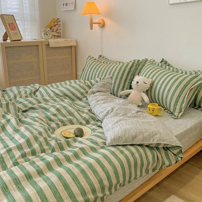 Bộ chăn ga gối Coton poly M2T bedding xanh lá sọc, vỏ chăn mền, drap giường và 2 vỏ gối