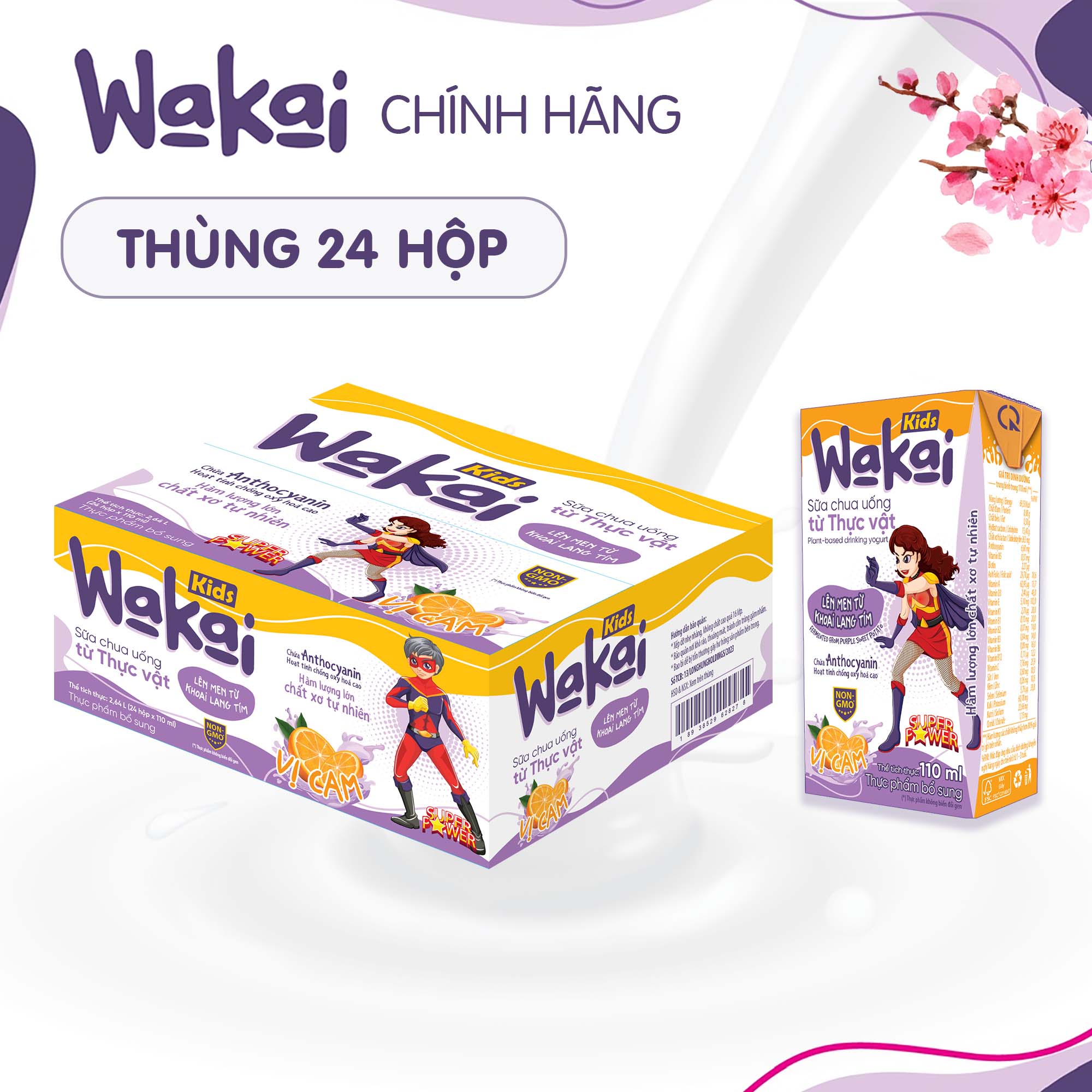 Thùng 24 Hộp Sữa Chua Uống Cho Bé Từ Thực Vật Wakai Kids Cam (110ml x 24hộp)