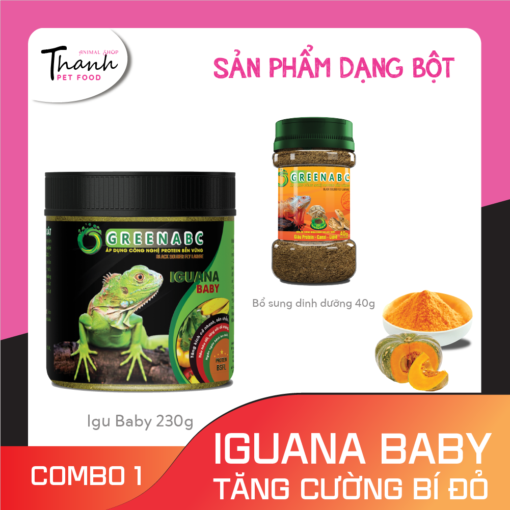 Thức ăn bò sát Iguana Baby nhãn GREENABC vị bí đỏ dùng cho Iguana từ mới nở cho đến 9x – Tăng trưởng nhanh, lên màu đẹp, phòng chống MBD, teo đuôi – Hộp 230g