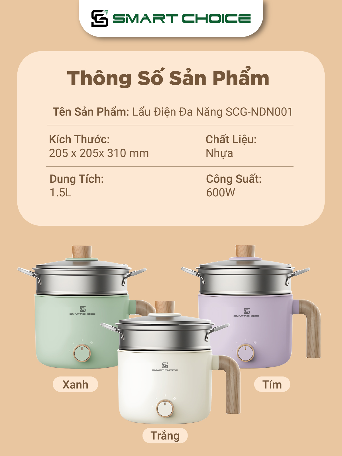 Nồi Lẩu Điện Mini SmartChoice Hàng chính hãng SCG-NDN001, Nồi Điện Đa Năng 1,5L 600W Kèm Xửng Hấp 3 Mức Nhiệt