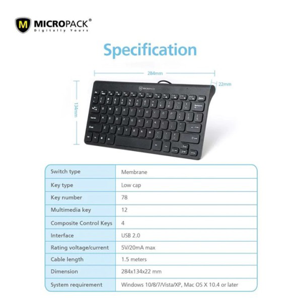 Bàn phím có dây MicroPack OFFICE MINI K2208STL - Hàng Chính Hãng