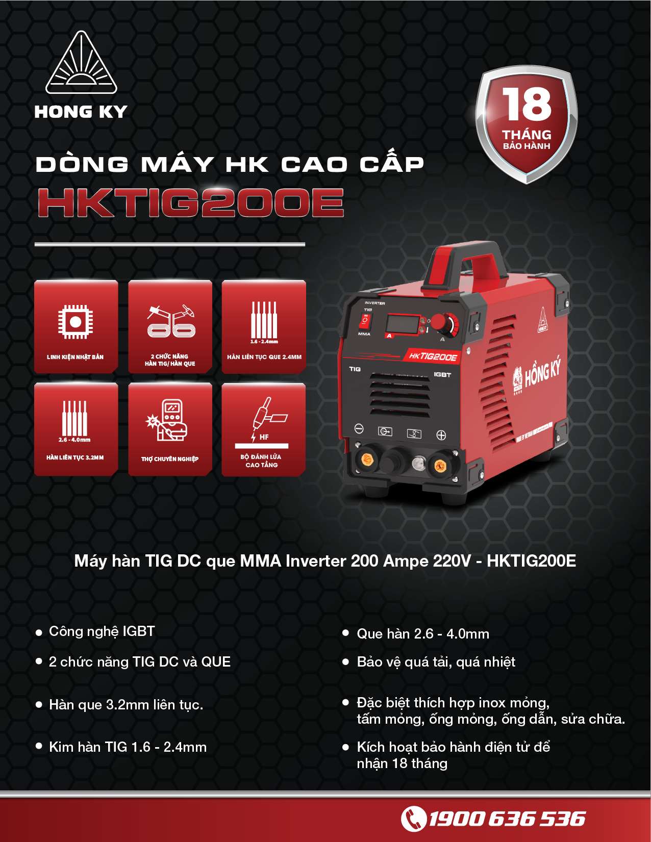 Máy hàn MMA - TIG 200A - 220V Hồng Ký Eco - HK TIG200E (2023)