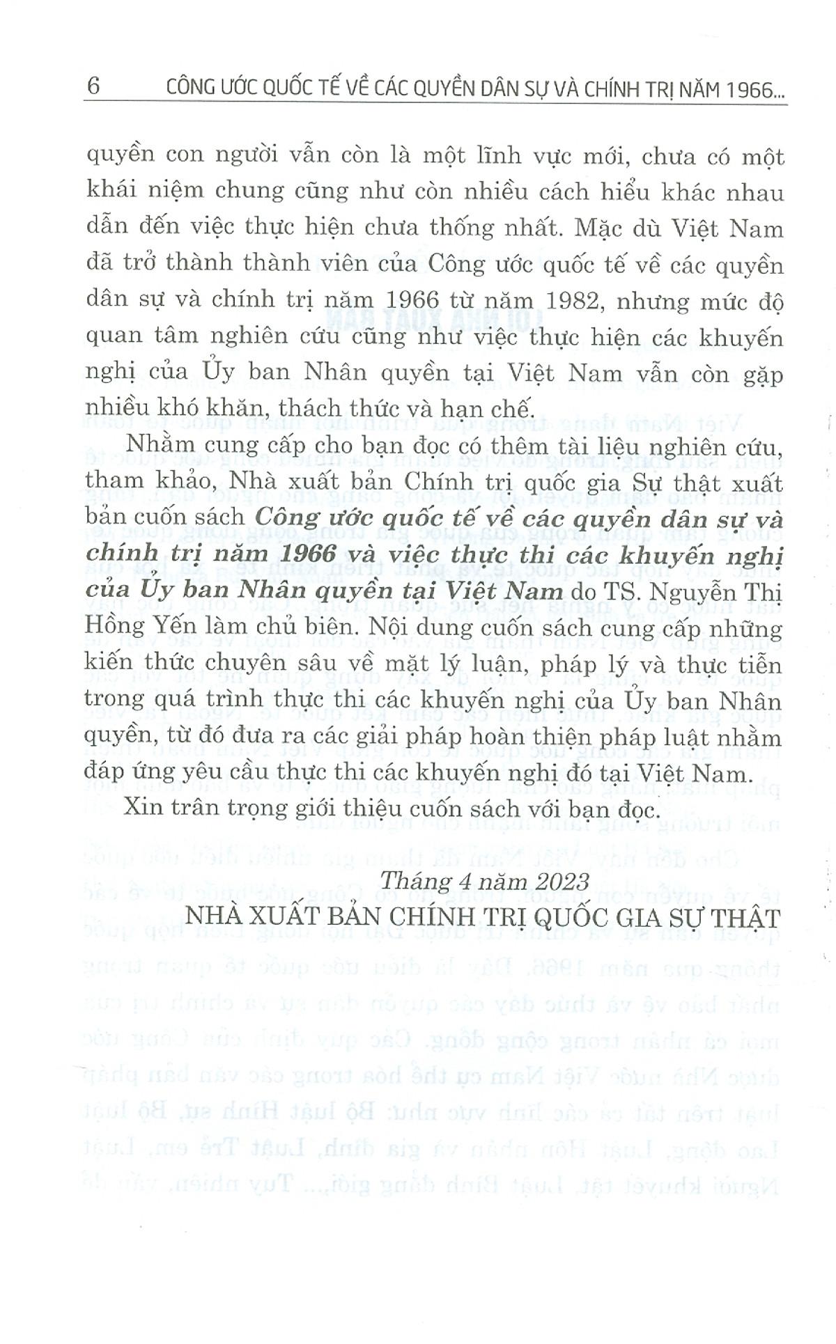 Công Ước Quốc Tế Về Các Quyền Dân Sự Và Chính Trị Năm 1966 Và Việc Thực Thi Các Khuyến Nghị Của Ủy Ban Nhân Quyền Tại Việt Nam