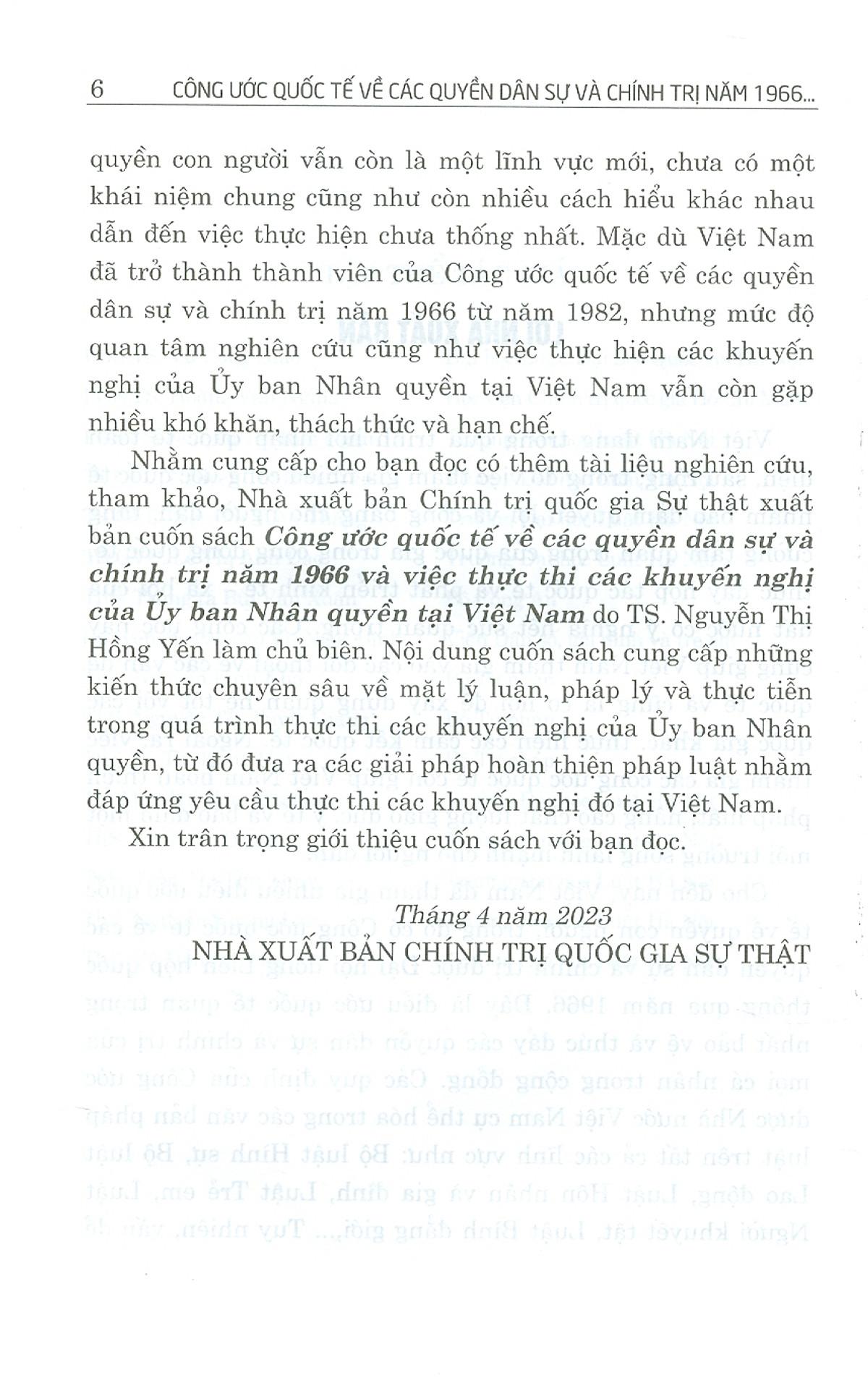 Công Ước Quốc Tế Về Các Quyền Dân Sự Và Chính Trị Năm 1966 Và Việc Thực Thi Các Khuyến Nghị Của Ủy Ban Nhân Quyền Tại Việt Nam