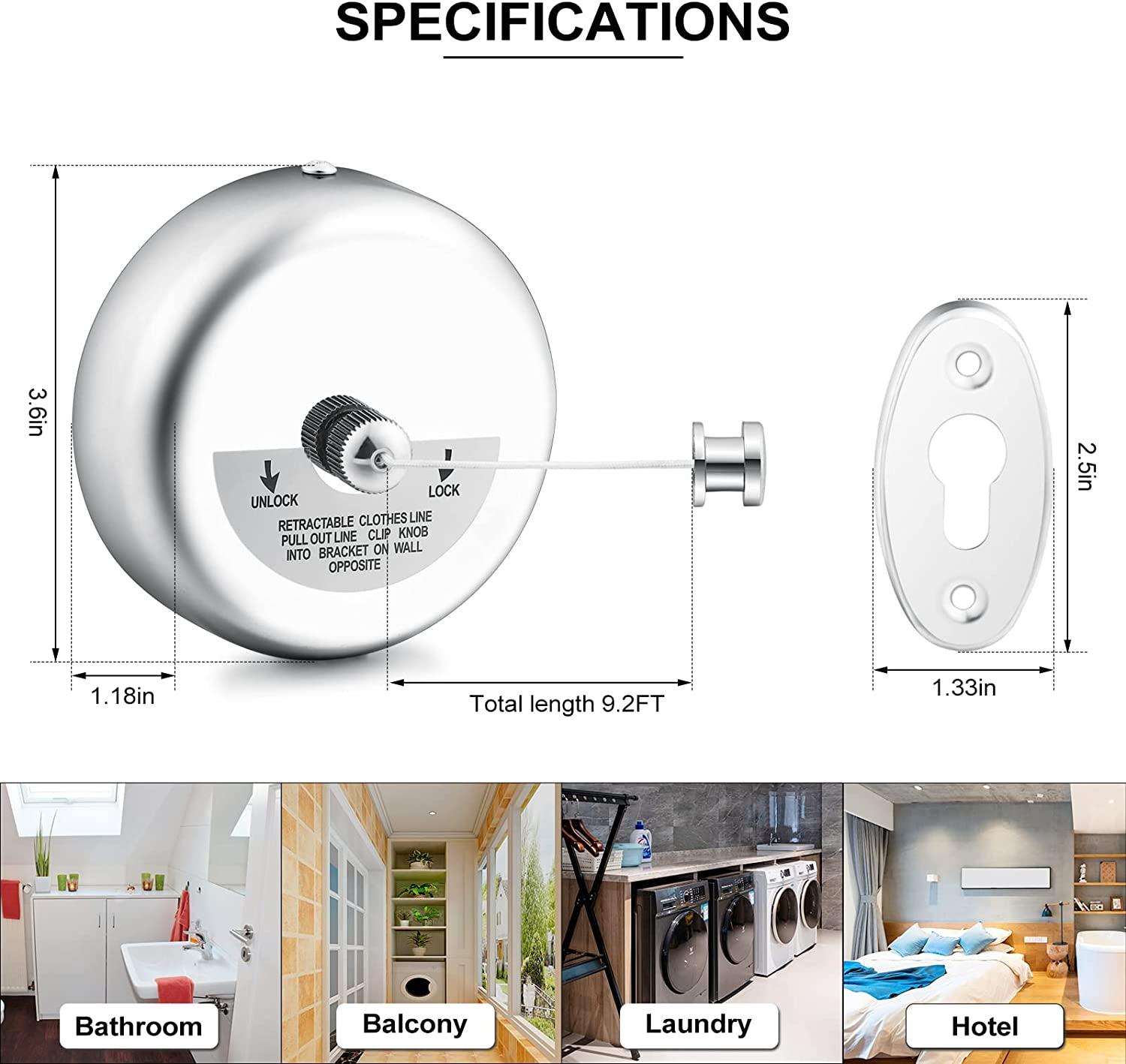 Dây phơi quần áo bằng thép không gỉ, Dây phơi quần áo có thể điều chỉnh 9,2ft cho trong nhà và ngoài trời