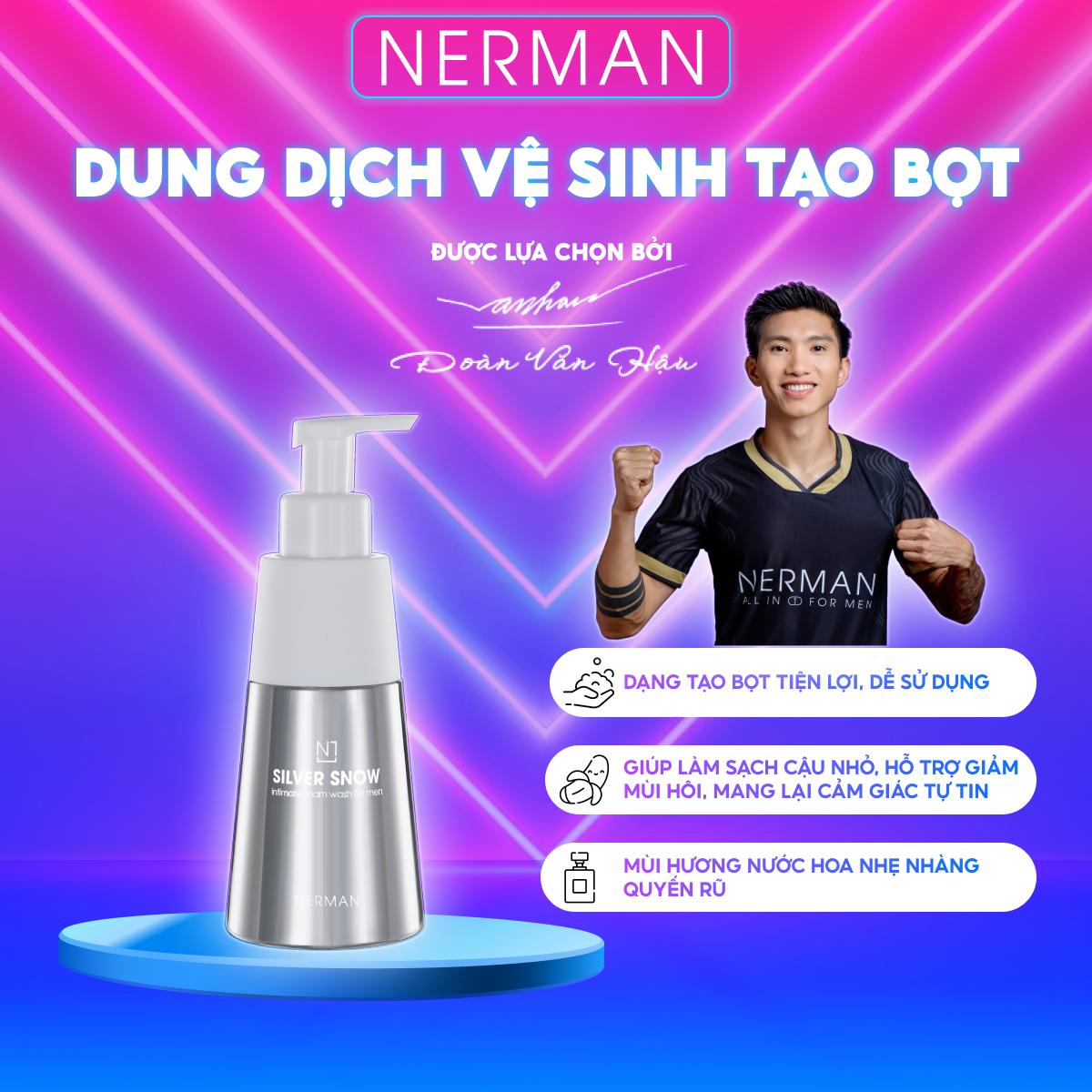 Dung dịch vệ sinh nam giới tạo bọt Nano bạc Nerman Silver Snow - Hương nước hoa cao cấp 200g