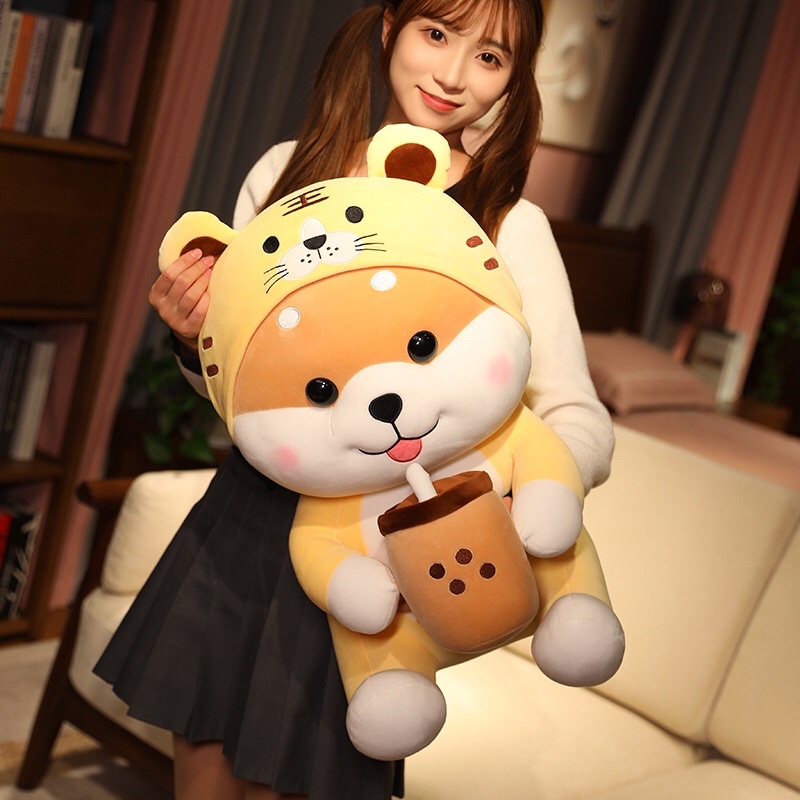 Gấu bông shiba cosplay hổ ôm trà sữa nhồi bông êm mịn dễ thương