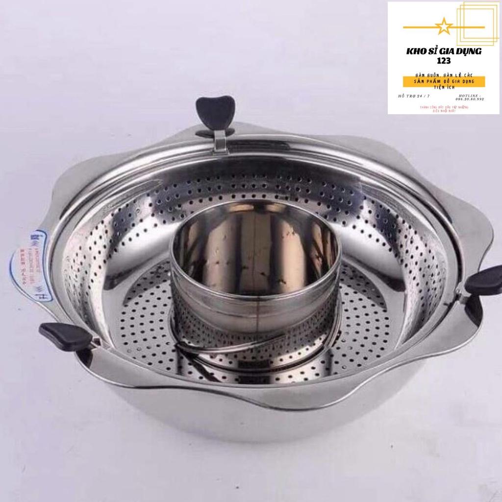 Nồi lẩu inox xoay 2 tầng Hàn Quốc, Nồi lẩu inox 2 tầng dùng được cả bếp từ và bếp gas vô cùng tiện lợi.