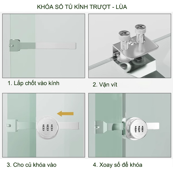 Khóa tủ kính mở bằng 3 mã số có thể thay đổi được, loại cánh không khung mở trượt, lùa