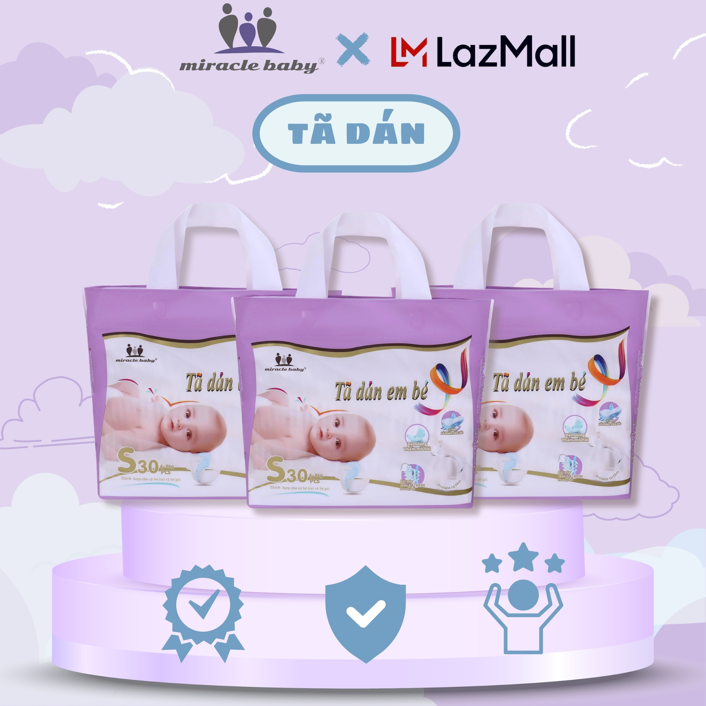 MiracleBaby - Tã dán tơ tằm size S/M/L/XL/XXL cho bé từ 4 - 17kg