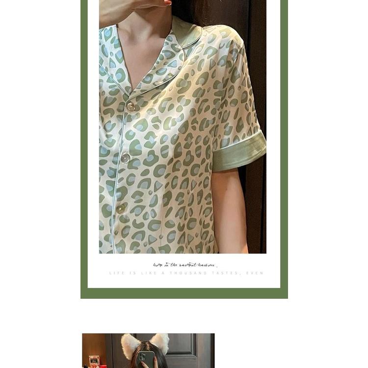 MS1009 Bộ Pyjama Nữ Lụa Satin, Bộ Quần Đùi Áo Cộc Nữ Mặc Nhà Da Báo Xanh 3903#
