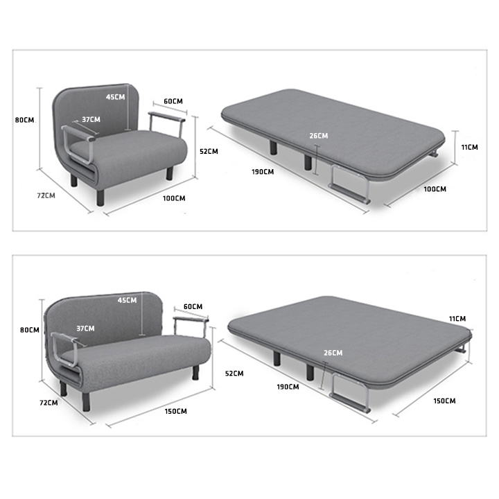 Ghế sofa giường gấp đa năng khung thép bọc vải thoáng khi có khoá kéo WC, giường ngủ thông minh gấp gọn size 1m*1m9 và 1m5 x 1m9