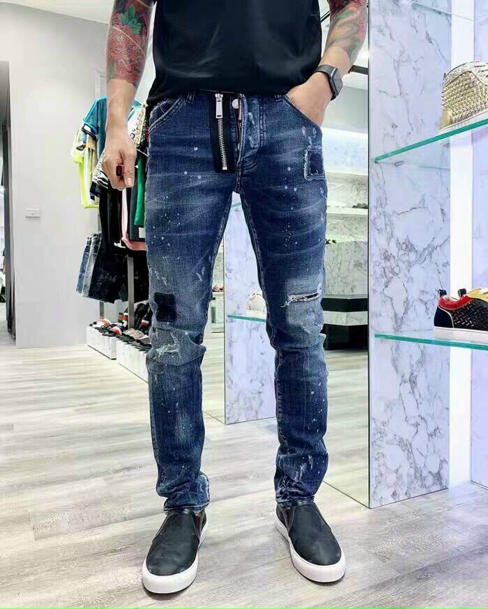 Jeans nam xanh rách vá vảy sơn