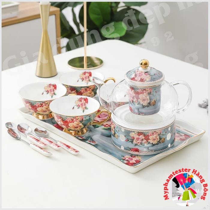 Bộ ấm chén đun trà chiều hoa các màu cao cấp