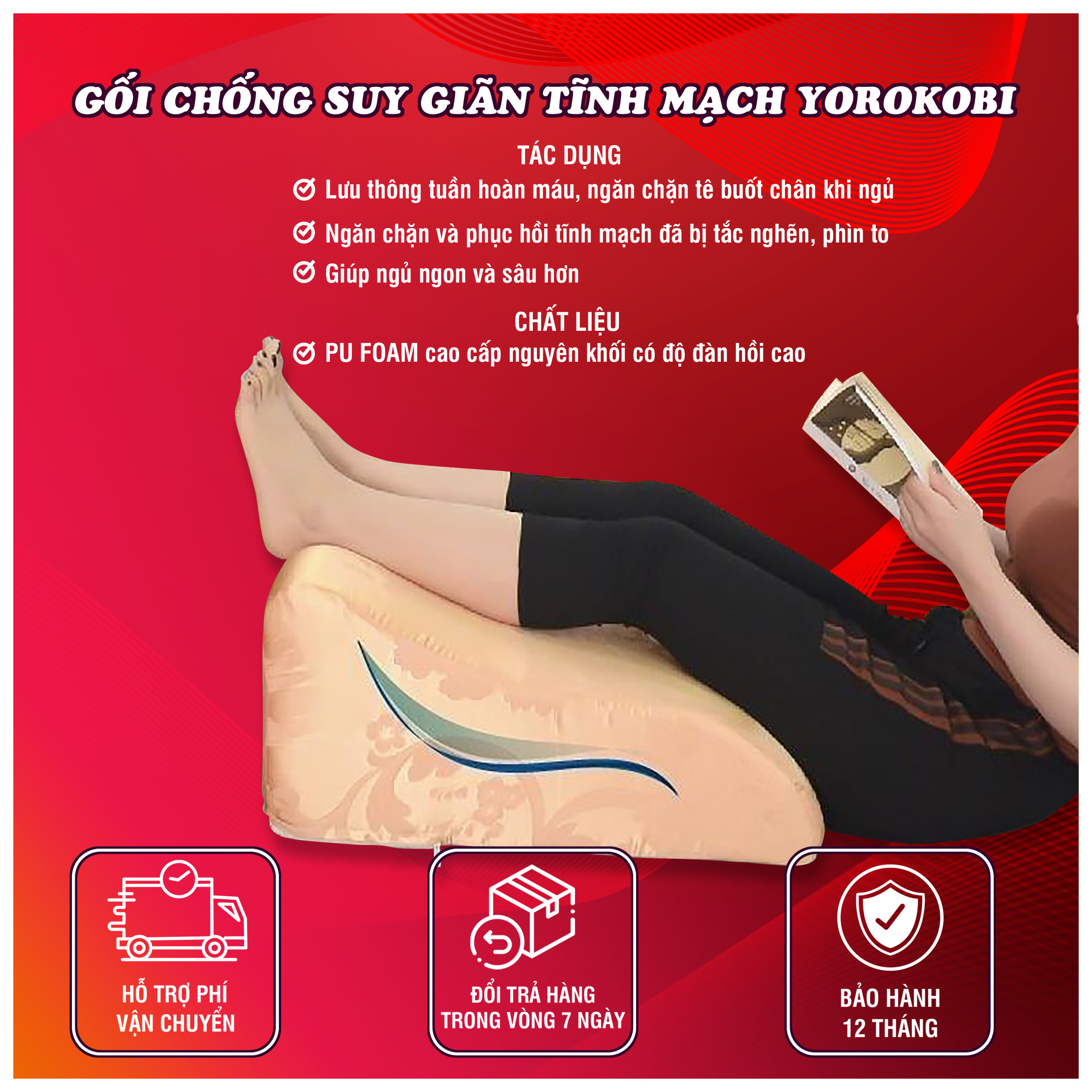 Gối kê chân chống giãn tĩnh mạch YOROKOBI cao 25cm dành cho người đau nhức chân, tiểu đường, tê bì, vọp bẻ, kiến bò, mẹ bầu phù chân tích nước - hàng thương hiệu - MÀU VÀNG KIM TƠ LỤA