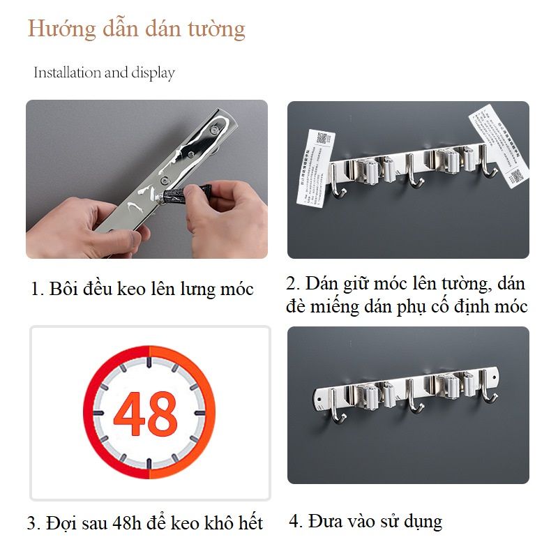 Móc Treo Đồ Dán Tường Đa Năng Loại 3 Móc kèm 2 Kẹp Chổi Lau Nhà Chất liệu Inox 304 Cao Cấp - Tặng keo dán tường Chuyên dụng