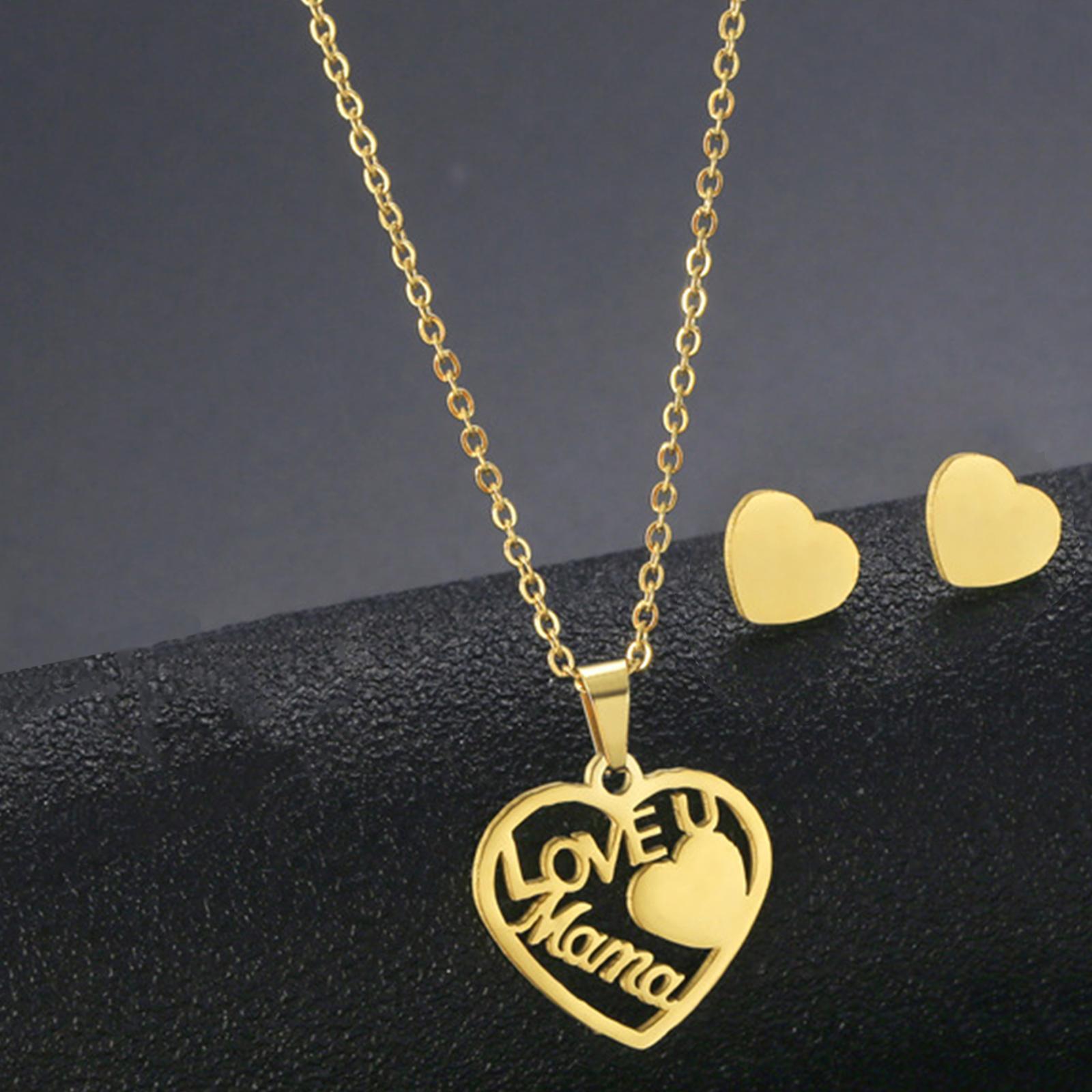 Love Mom Pendant with 2 Ear Stud Earrings Mother's Jewelry Stainless Steel