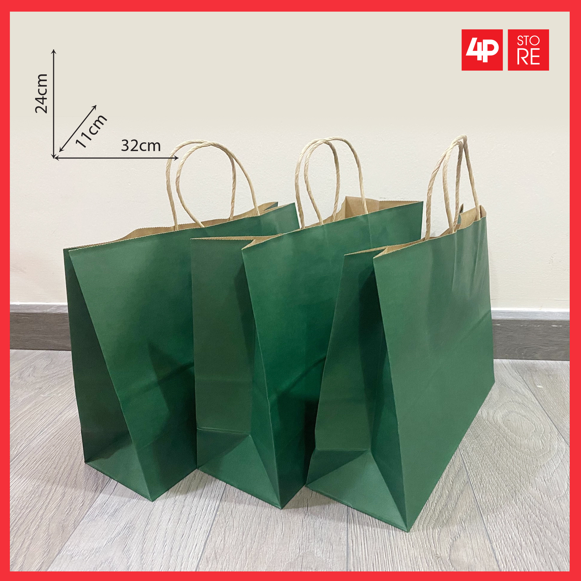 10 TÚI GIẤY KRAFT XANH LÁ ĐẬM 32x24x11 CM