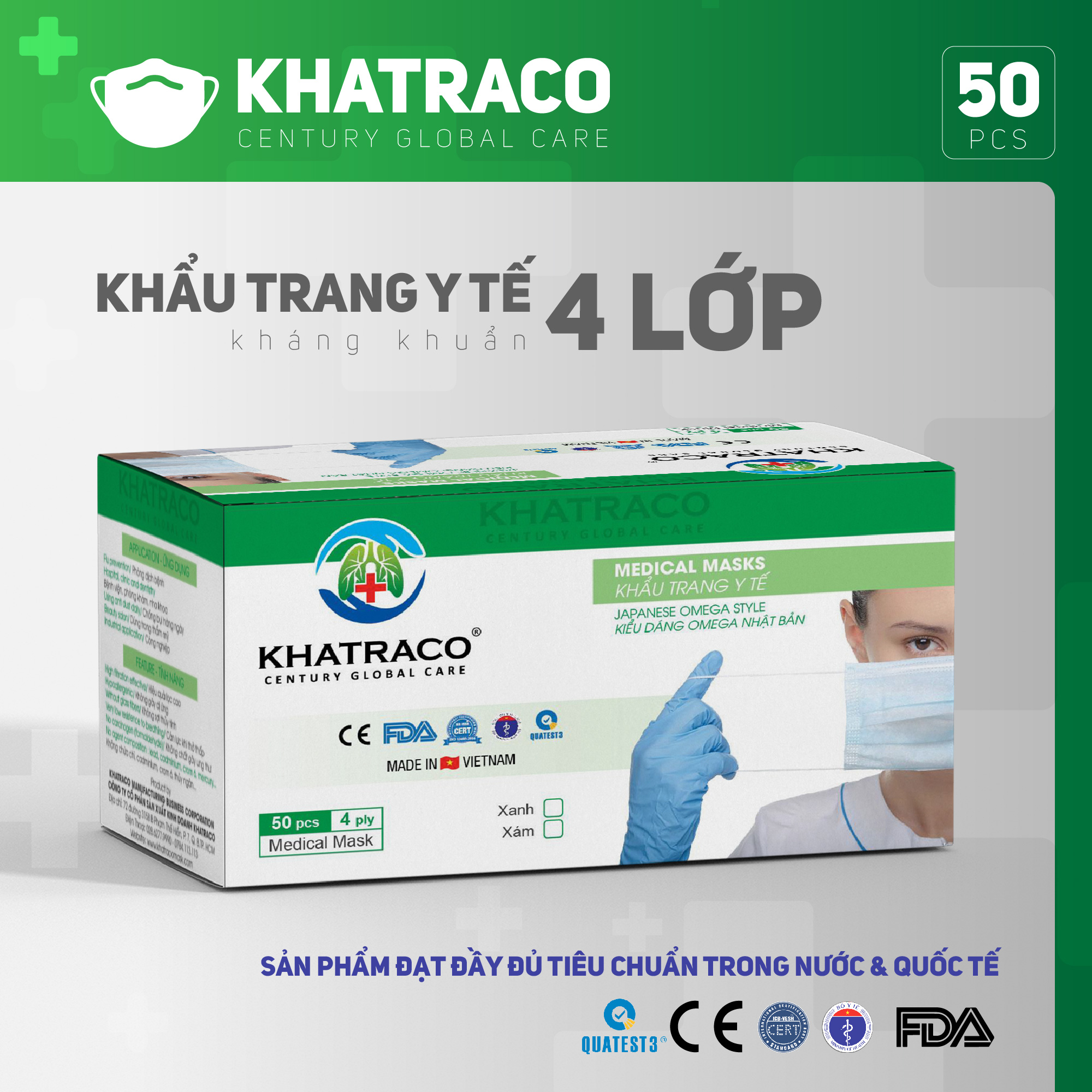 Khẩu trang y tế kháng khuẩn 4 lớp Khatraco Medimask hộp 50 chiếc đạt tiêu chuẩn FDA,CE quốc tếkhẩu trang kháng khuẩn 4 lớp dành cho người lớn,khẩu trang 4 lớp mềm mại có vải kháng khuẩn ngăn ngừa bụi bẩn,vi khuẩn sử dụng 1 lần