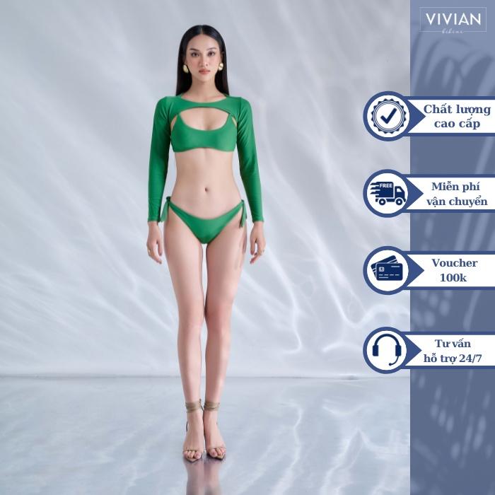 Đồ bơi nữ cao cấp dạng hai mảnh áo chữ U phối áo cover tay dài sexy - Xanh lá cây - VS180_GN
