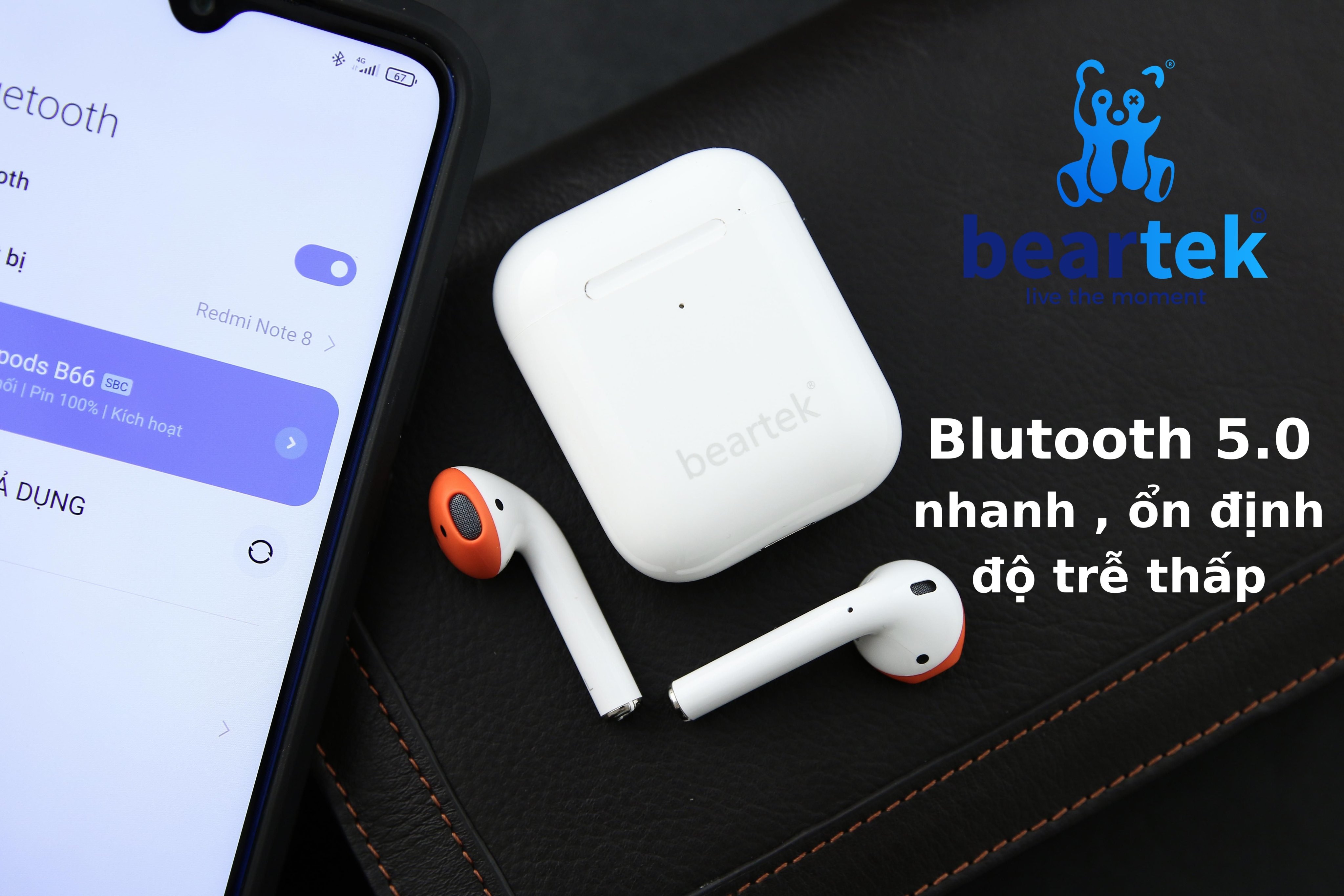 Tai nghe Bluetooth Beartek Bearpods B66 True Wireless cao cấp, có định vị, đổi tên, chạm cảm ứng, cửa sổ kết nối - Hàng chính hãng