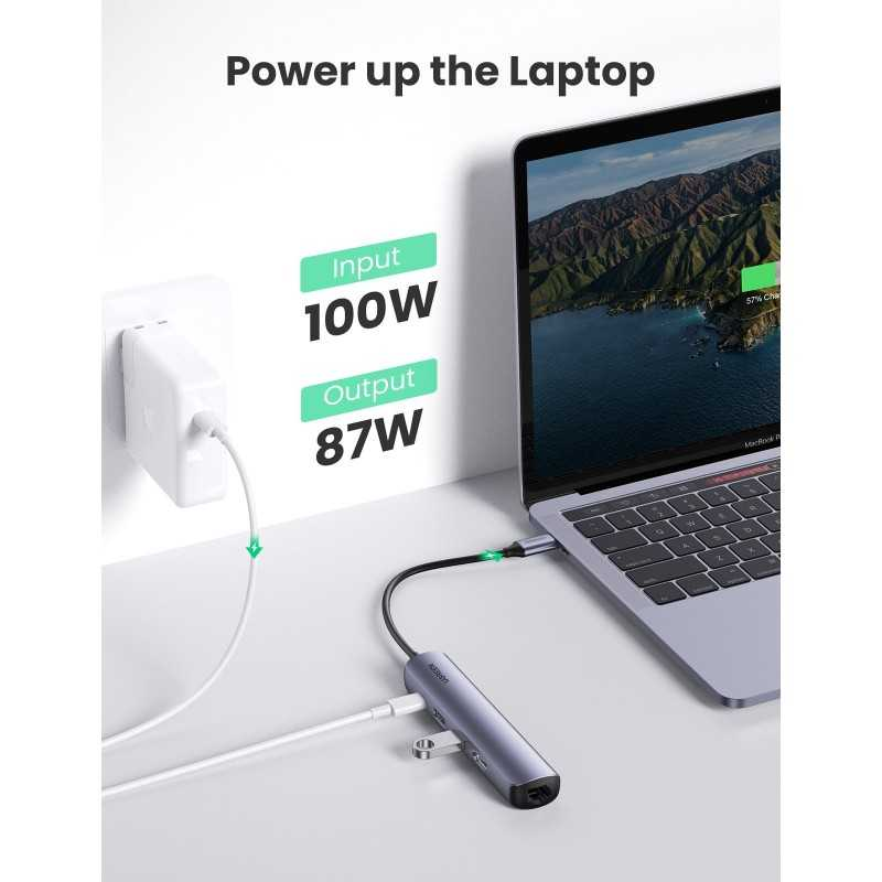 Hub chuyển đổi Ugreen USB-C sang 2*USB3.0+  HDMI + RJ45 + PD hỗ trợ 4K CM418- hàng chính hãng