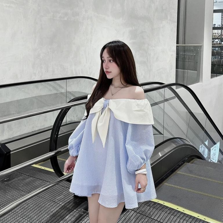 Đầm tiểu thư,Đầm babydoll, áo tay bồng siêu bánh bèo có nơ trước ngực Trendy Clothing