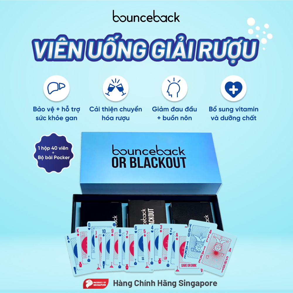 Hỗ Trợ Giải Rượu Và Bảo Vệ Gan, Hạn Chế Các Triệu Chứng Như Mẫn Đỏ, Buồn Nôn Sau Những Cơn Say - "Bounceback or Blackout" - Set Sản Phẩm Độc Quyền - Sản Phẩm Hàng Đầu Singapore - Hộp 40 Viên Kèm Bộ Poker