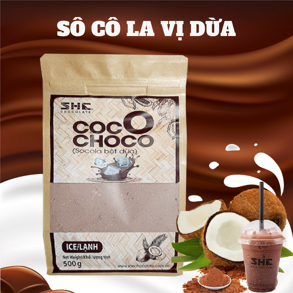 Socola bột Dừa lạnh - Túi 500g - SHE Chocolate. Pha uống tiện lợi, bổ sung năng lượng, tốt cho sức khỏe, đa dạng vị giác. Quà tặng sức khỏe, quà tặng người thân, dịp lễ