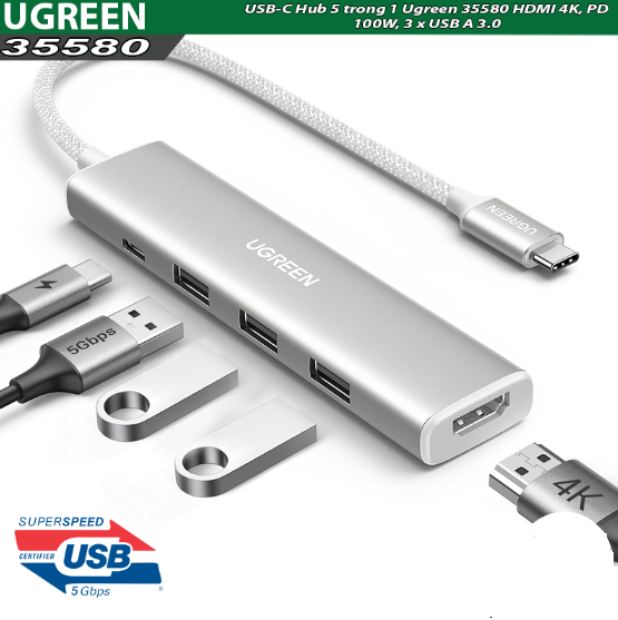 Cáp chuyển USB-C sang HDMI + PD 100W + 3 x USB 3.0 Ugreen 35580 - Hàng chính hãng