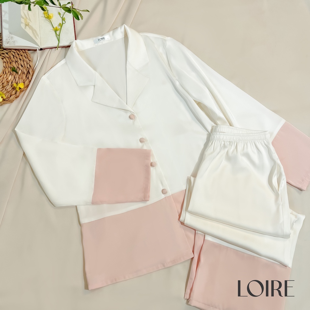 Bộ Pijama Lụa Trắng Phối Màu Pastel Cúc Bọc Loirechic LPD19