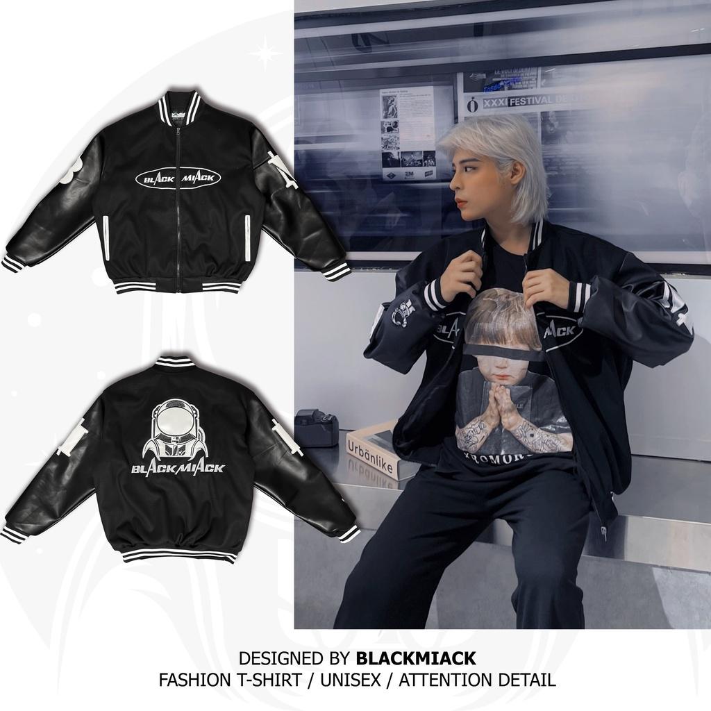 Áo Khoác Bomber Varsity Nỉ Dạ, tay Da, Full Thêu BLACKMIACK Varsity Jacket BM1