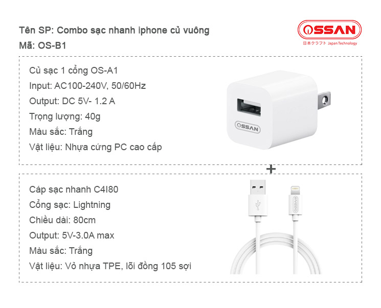 Combo sạc nhanh cho Iphone củ vuông OS-B1 - Hàng chính hãng Ossan