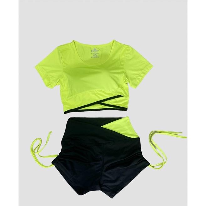 Set bộ đồ tập áo croptop vạt chéo quần đùi rút dây cạp V phối màu tạp gym,yoga,nhảy Zumba, aerobic,đi bơi đi biển nữ