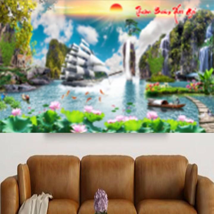 Tranh thêu thuận buồm xuôi gió cá hoa sen 223152 - kích thước: 120 * 75cm.