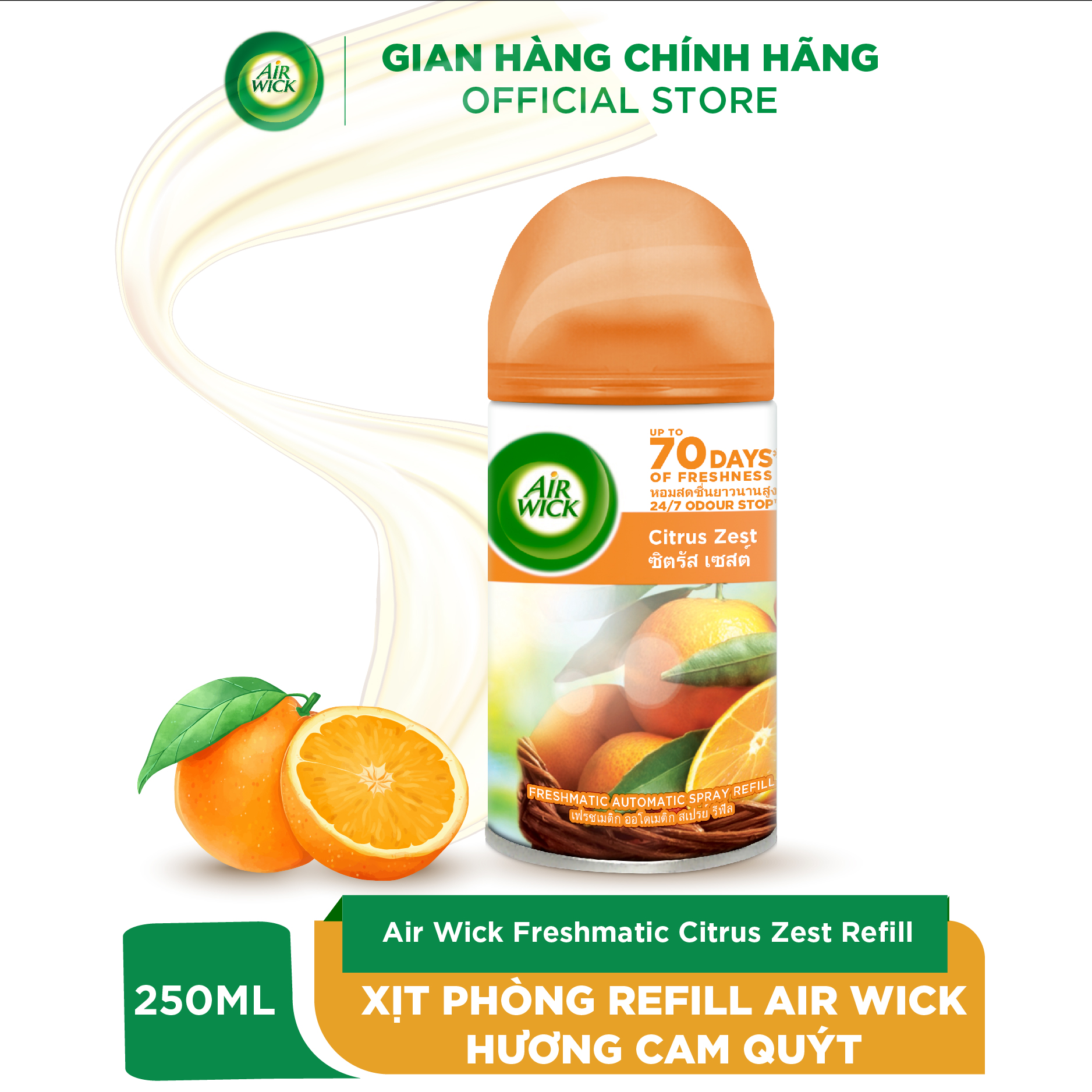 Lõi máy xịt thơm phòng tự động hương Cam Quýt AIRWICK, hương thơm thanh mát, sảng khoái, khử mùi siêu nhanh 250ml