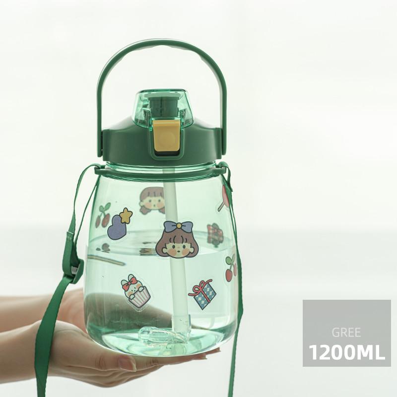 Dung Lượng Lớn Nước Nhựa Kawaii Cốc Dễ Thương Di Động Thể Thao Mùa Hè Ngoài Trời Cô Gái Trẻ Tumbler Có Ống Hút Dây Đeo Không Chứa BPA