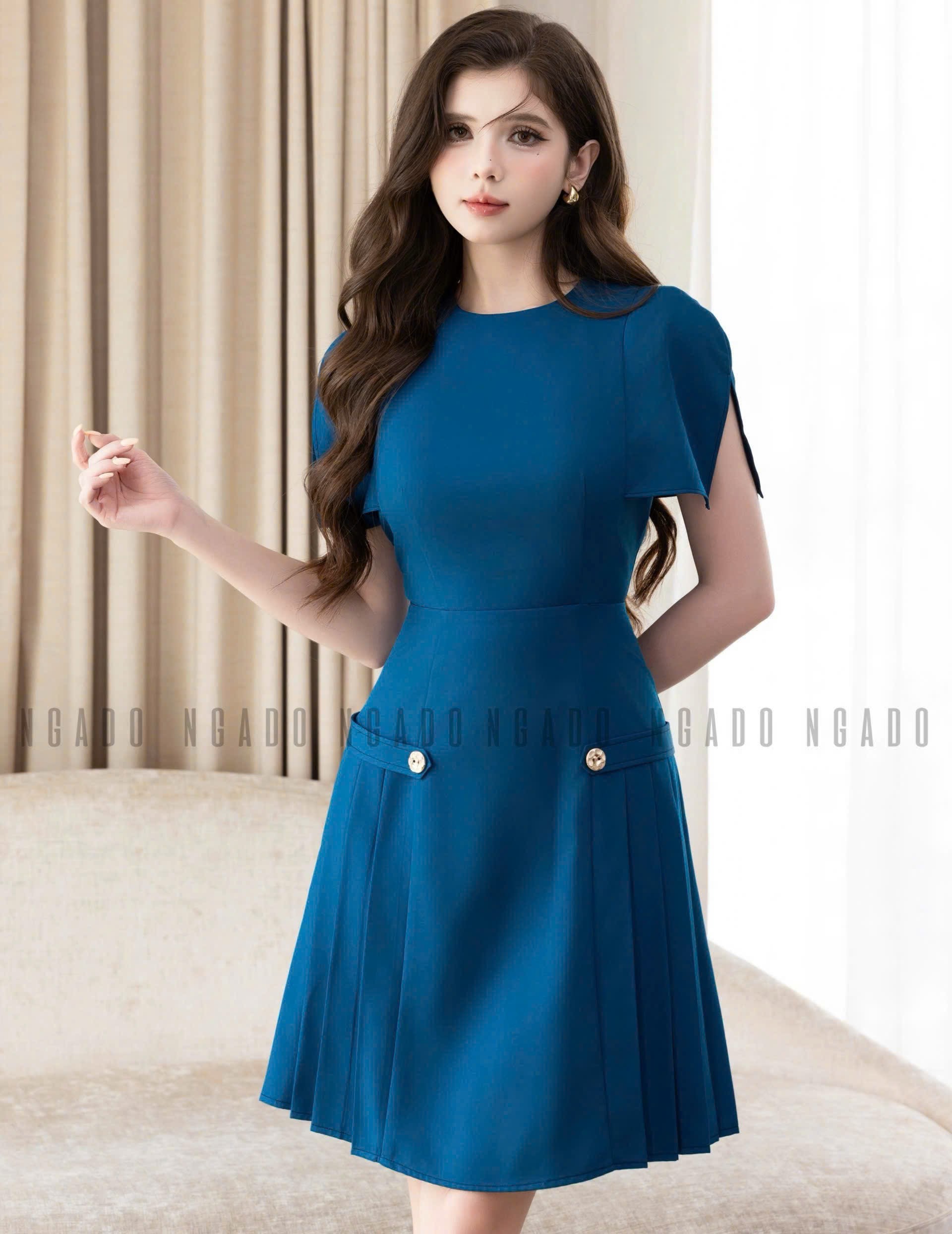Đầm xanh cổ tròn xếp ly NGADO , đầm nữ , đầm kiểu , đầm công sở , dự tiệc