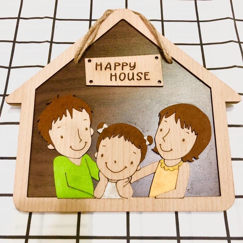 Bảng gỗ hình ngôi nhà gia đình Happy house tặng kèm móc dán treo phòng ngủ xinh xắn
