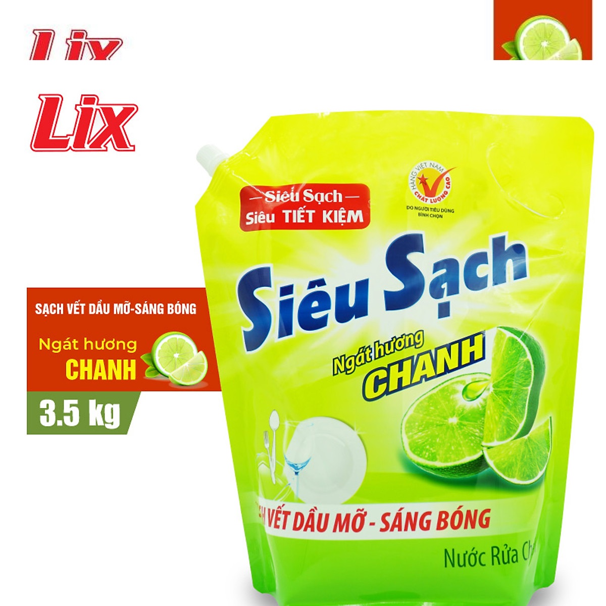 Nước rửa chén LIX 3.5KG siêu sạch hương chanh loại túi N4301 sạch bóng vết bẩn dầu mỡ không hại da tay