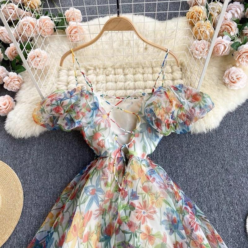 VÁY MAXI HOA NHÍ THẮT NƠ LƯNG VOAN TƠ CAO CẤP